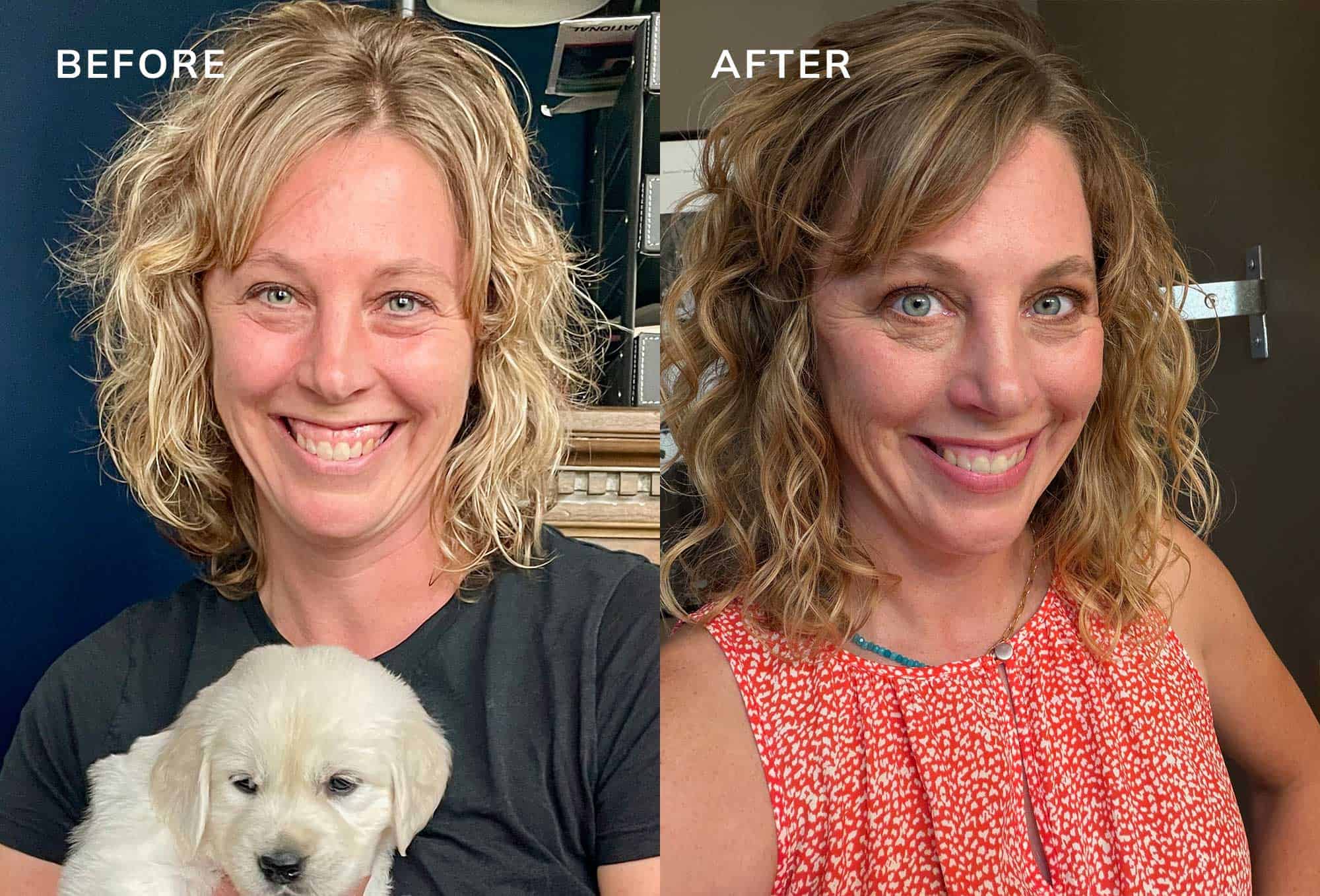 Before and after photos of a woman showing the difference in her appearance when wearing colors that are less flattering versus colors that complement her natural coloring.